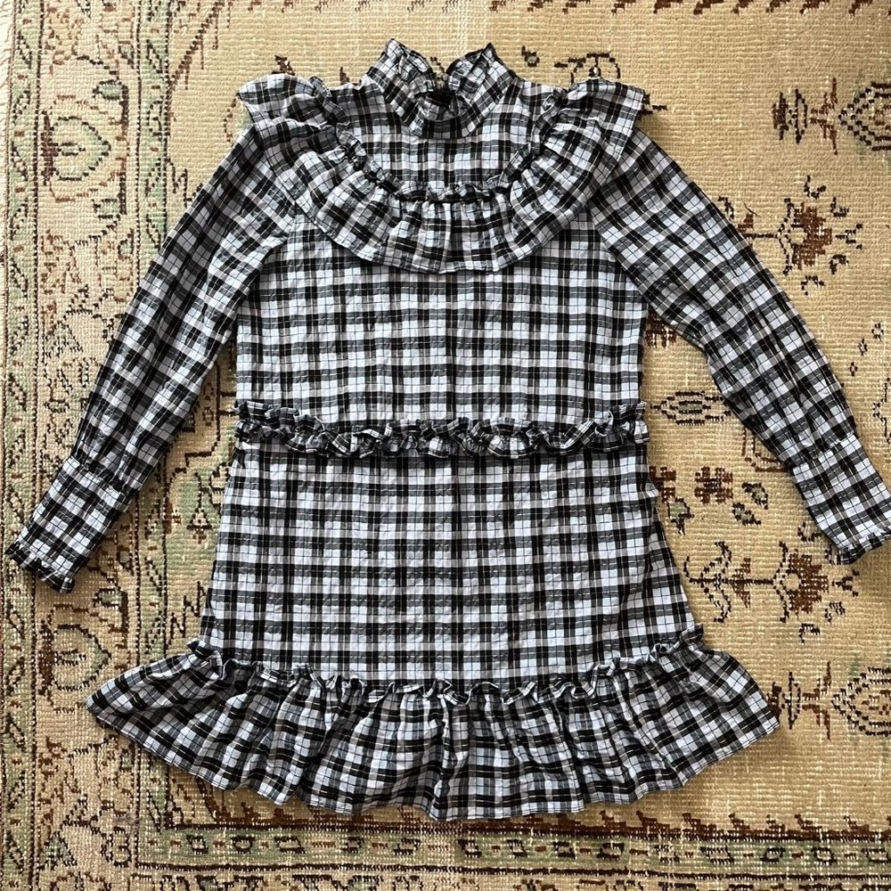 Ganni Serenity Blue Seersucker Check Plaid Ruffle Dress